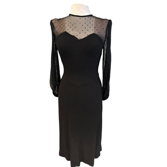 Vintage Black Midi Dress With Sheer Polka Dot Sleeves & Sweetheart Neckline - Picture 1 of 16